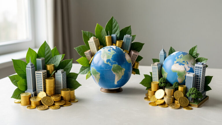 Composition réaliste illustrant le choix d’investissements en dividendes mondiaux, avec des feuilles vertes, des pièces dorées, des bâtiments variés et un globe bleu symbolisant le rendement, la qualité et la diversification.