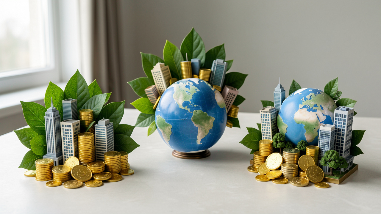 Composition réaliste illustrant le choix d’investissements en dividendes mondiaux, avec des feuilles vertes, des pièces dorées, des bâtiments variés et un globe bleu symbolisant le rendement, la qualité et la diversification.