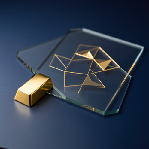 Lingot d’or et représentation abstraite d’un fonds indiciel coté sur un bureau financier bleu sombre, avec des reflets dorés.