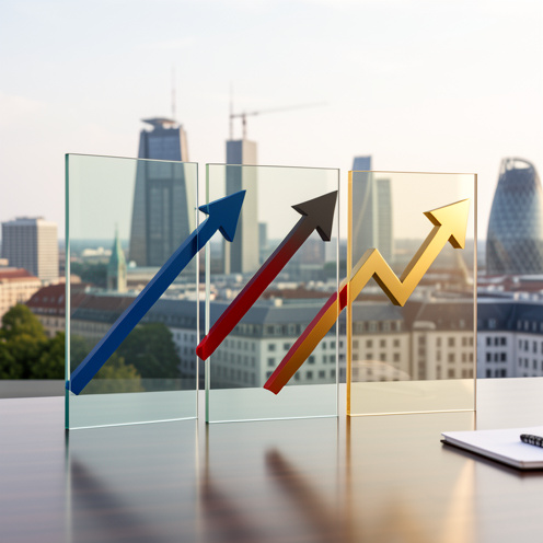 Illustration réaliste d’une analyse comparative de fonds indiciels suivant le marché allemand, avec des graphiques abstraits sur des panneaux transparents devant la skyline de Francfort.