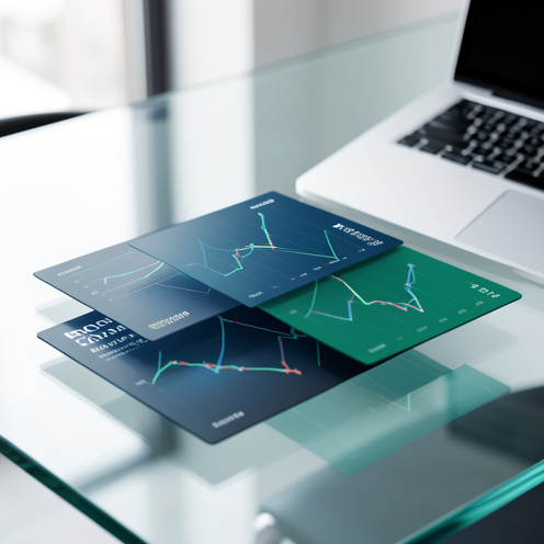 Bureau moderne présentant plusieurs supports d’analyse financière et des graphiques abstraits comparés visuellement, dans des tons bleus et verts.
