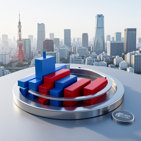 Illustration conceptuelle d’un indice boursier japonais, avec une composition géométrique évoquant le calcul de marché et des supports d’investissement de type ETF devant une skyline de Tokyo.