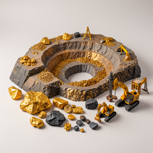 Composition visuelle représentant un portefeuille diversifié de petites exploitations minières aurifères, avec des échantillons de minerai doré, des modèles de mines et de petits engins d’extraction.