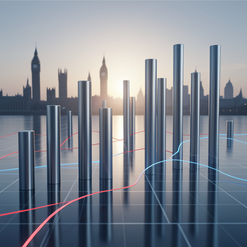 Visualisation abstraite de la composition et de l’évolution d’un grand indice boursier britannique, avec des colonnes métalliques et une silhouette de Londres dans une lumière matinale.