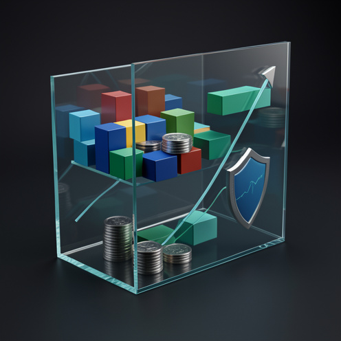 Visualisation abstraite d’un portefeuille d’investissement diversifié, représentant la composition, les frais, la performance et les risques d’un ETF.