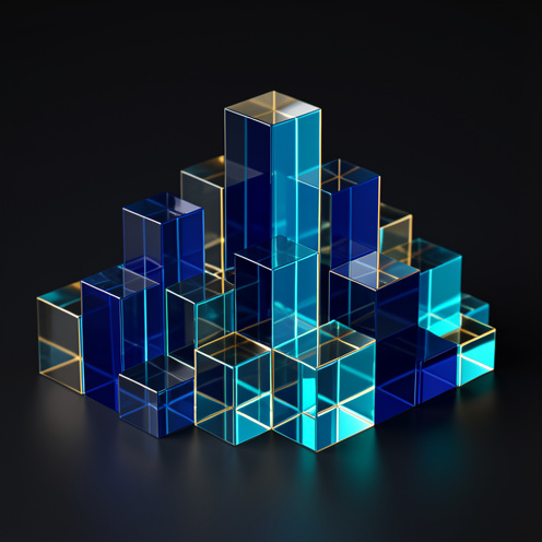 Visualisation abstraite de la composition et de la pondération d’un indice boursier technologique avec des blocs de verre de hauteurs variées.