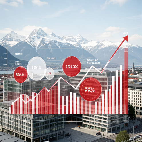 Vue réaliste d’un quartier financier suisse avec des graphiques abstraits représentant la composition et le rôle d’un indice boursier, sur fond d’Alpes suisses.