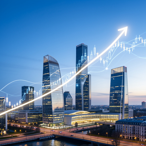 Visualisation abstraite d’un indice boursier français en progression devant les gratte-ciel modernes de La Défense à Paris.