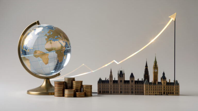 Composition financière représentant la diversification d’un portefeuille européen avec un globe, des pièces équilibrées et des silhouettes architecturales de plusieurs villes européennes.