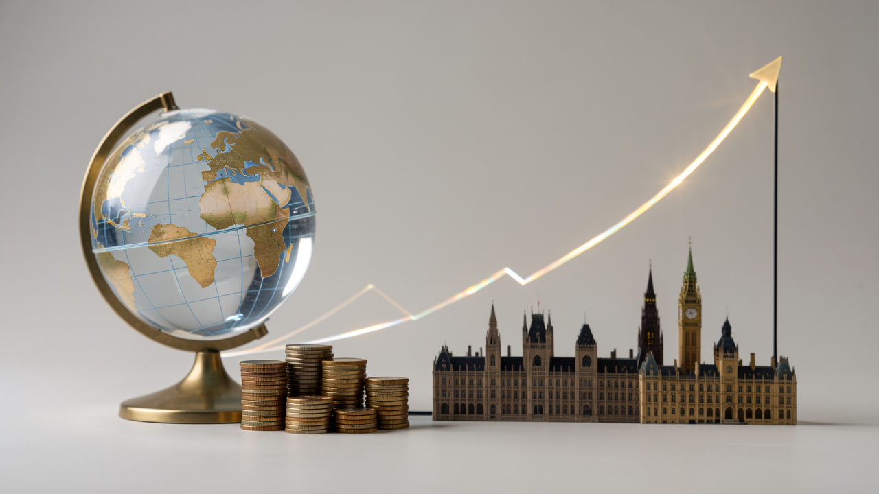 Composition financière représentant la diversification d’un portefeuille européen avec un globe, des pièces équilibrées et des silhouettes architecturales de plusieurs villes européennes.