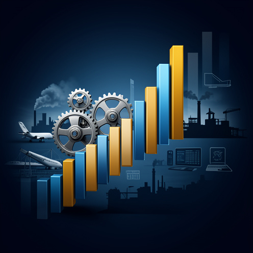 Illustration éditoriale abstraite représentant la composition et le fonctionnement d’un grand indice boursier industriel, avec des engrenages métalliques, des barres de marché équilibrées et des silhouettes d’activités économiques.
