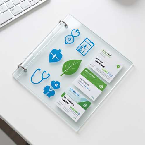 Composition visuelle représentant un investissement dans le secteur de la santé, avec des éléments médicaux abstraits et une feuille verte symbolisant l’épargne.