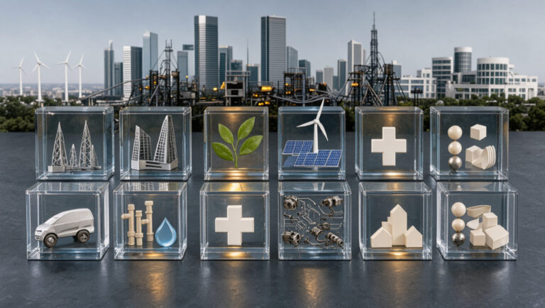 Illustration conceptuelle d’un portefeuille financier équilibré, symbolisé par des blocs de taille identique représentant plusieurs secteurs économiques.