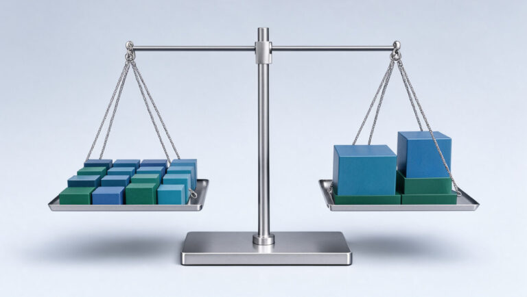 Illustration abstraite d’un portefeuille équilibré où de nombreux blocs de même taille réduisent la dominance de quelques blocs surdimensionnés.