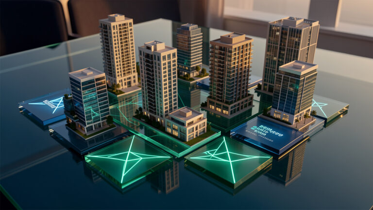 Illustration réaliste d’un portefeuille immobilier diversifié composé d’immeubles modernes et durables, évoquant l’investissement coté et l’optimisation fiscale.