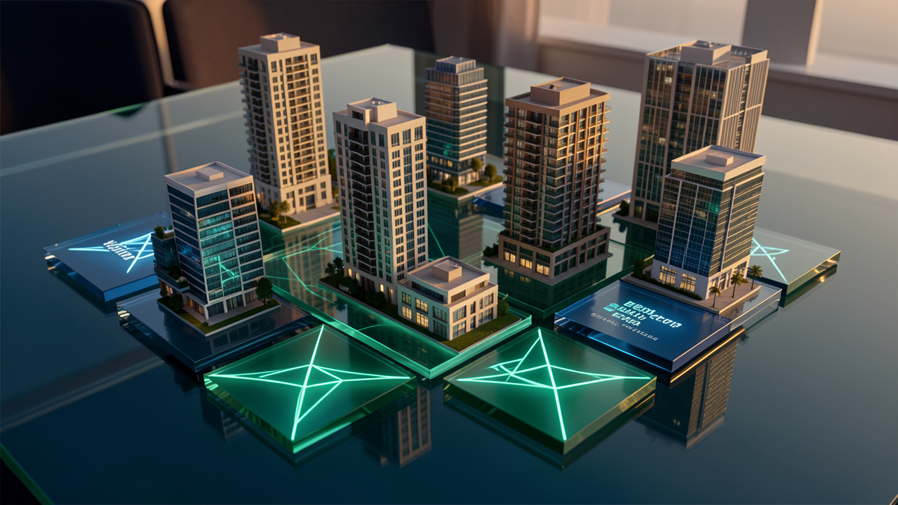 Illustration réaliste d’un portefeuille immobilier diversifié composé d’immeubles modernes et durables, évoquant l’investissement coté et l’optimisation fiscale.