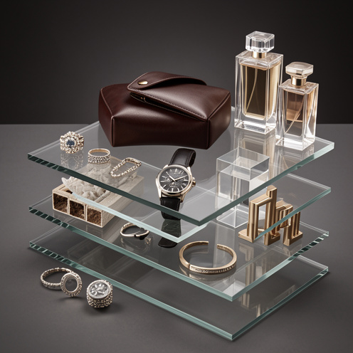 Composition élégante illustrant un fonds d’investissement du secteur du luxe avec bijoux, montre, accessoires raffinés et formes abstraites évoquant la diversification et les risques.