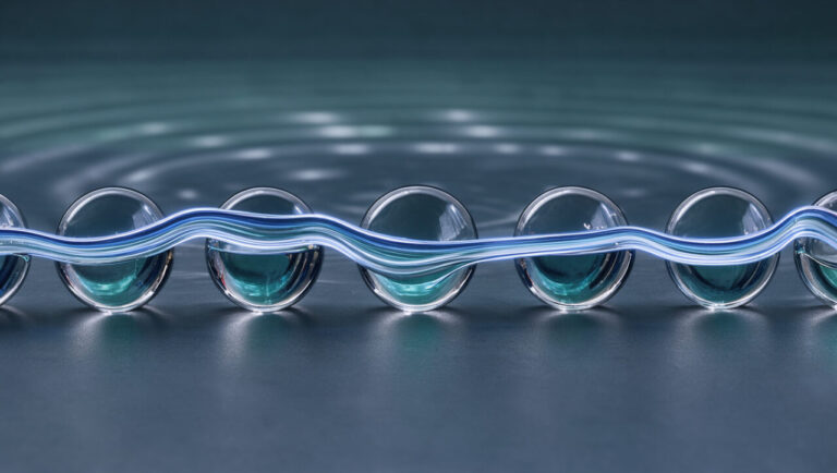 Représentation abstraite d’une stratégie financière stable avec un ruban lumineux bleu avançant doucement parmi des sphères de verre.