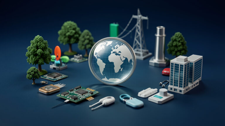 Composition réaliste représentant la diversification mondiale d’un portefeuille à travers un seul placement central entouré de secteurs variés.