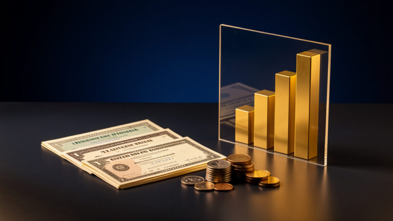 Composition réaliste symbolisant la protection d’un portefeuille contre l’inflation avec des obligations, des pièces, un bouclier transparent et des barres ascendantes abstraites.