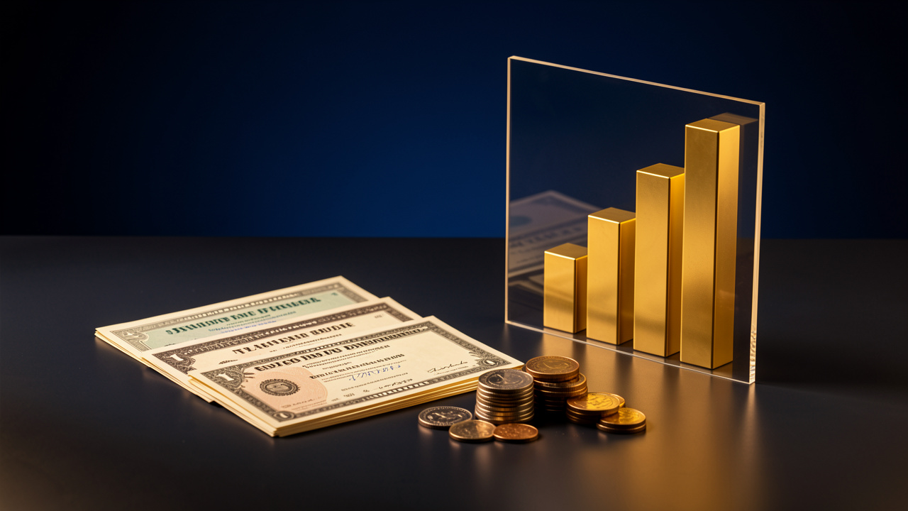 Composition réaliste symbolisant la protection d’un portefeuille contre l’inflation avec des obligations, des pièces, un bouclier transparent et des barres ascendantes abstraites.