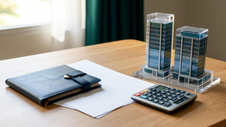 Scène élégante de planification financière avec un dossier vierge, une calculatrice et des maquettes de bâtiments modernes représentant l’investissement immobilier coté dans une assurance-vie.