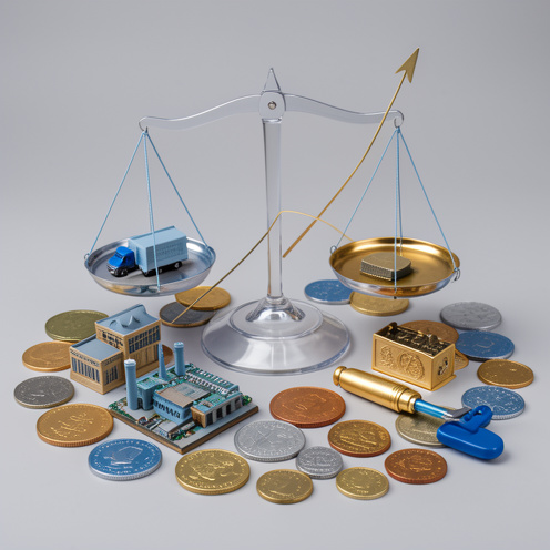 Composition réaliste illustrant un ETF diversifié de petites entreprises, avec des pièces, des bâtiments industriels miniatures et des objets technologiques autour d’une balance financière.