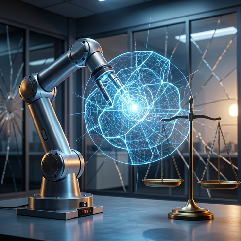 Bras robotique industriel connecté à un réseau d’intelligence artificielle lumineux, avec des reflets de verre fissuré symbolisant les opportunités et les risques technologiques.