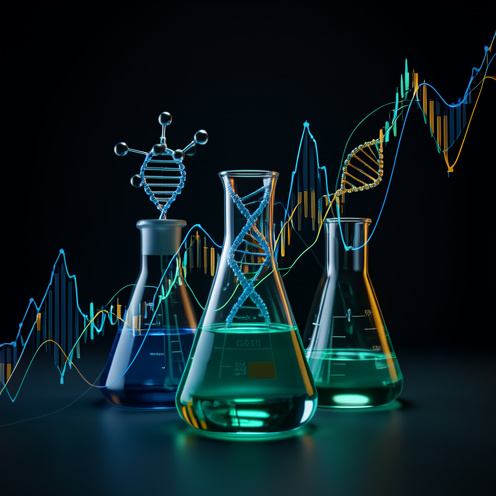 Composition visuelle représentant un investissement en biotechnologie, avec verrerie de laboratoire, structures moléculaires et courbes abstraites illustrant la performance et la volatilité.