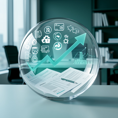 Illustration conceptuelle d’un fonds indiciel coté, représenté par une sphère transparente entourée de secteurs économiques diversifiés dans un bureau financier moderne.