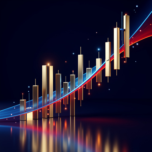Visualisation abstraite de la composition et de l’évolution d’un indice boursier espagnol avec des barres métalliques, des points lumineux et une courbe bleue et rouge ascendante et descendante.