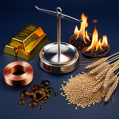 Composition artistique de plusieurs matières premières, notamment or, cuivre, pétrole, blé et gaz naturel, disposées autour d’une balance métallique.