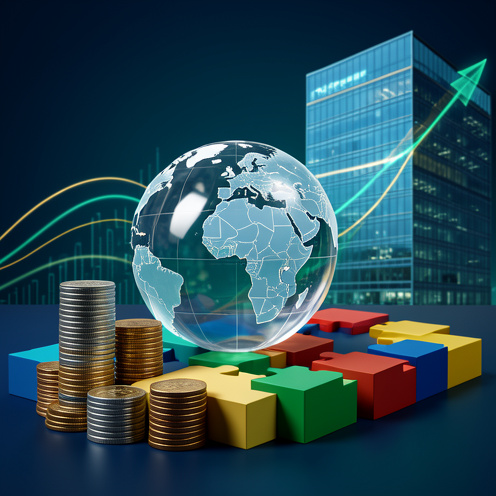 Composition financière réaliste représentant un indice boursier diversifié avec un globe, des pièces empilées, des secteurs géométriques colorés et un bâtiment moderne en verre.
