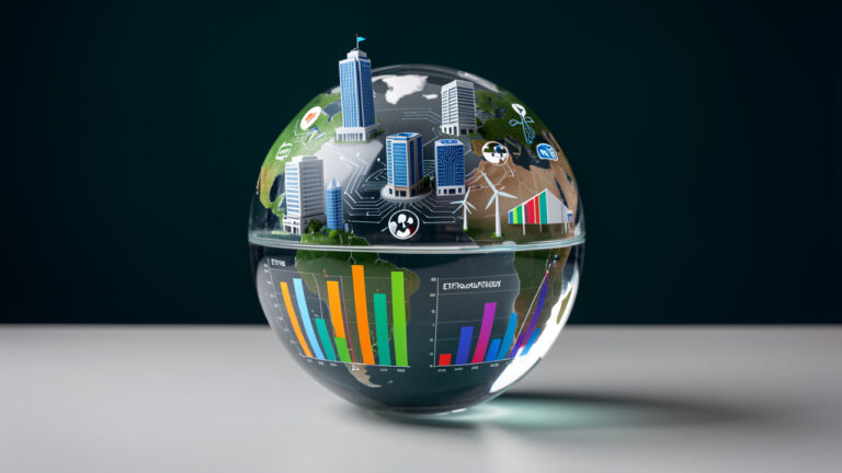 Globe en verre entouré de symboles représentant plusieurs secteurs économiques et un portefeuille mondial diversifié.