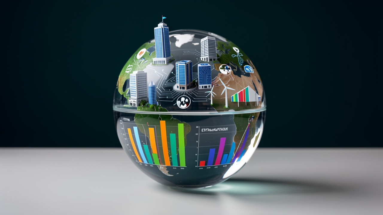 Globe en verre entouré de symboles représentant plusieurs secteurs économiques et un portefeuille mondial diversifié.