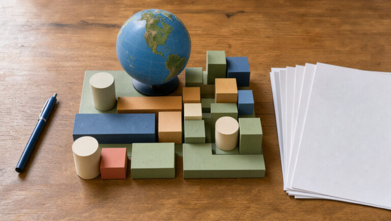 Composition réaliste représentant un portefeuille d’investissement mondial diversifié avec un globe et des éléments géométriques colorés disposés sur un bureau.