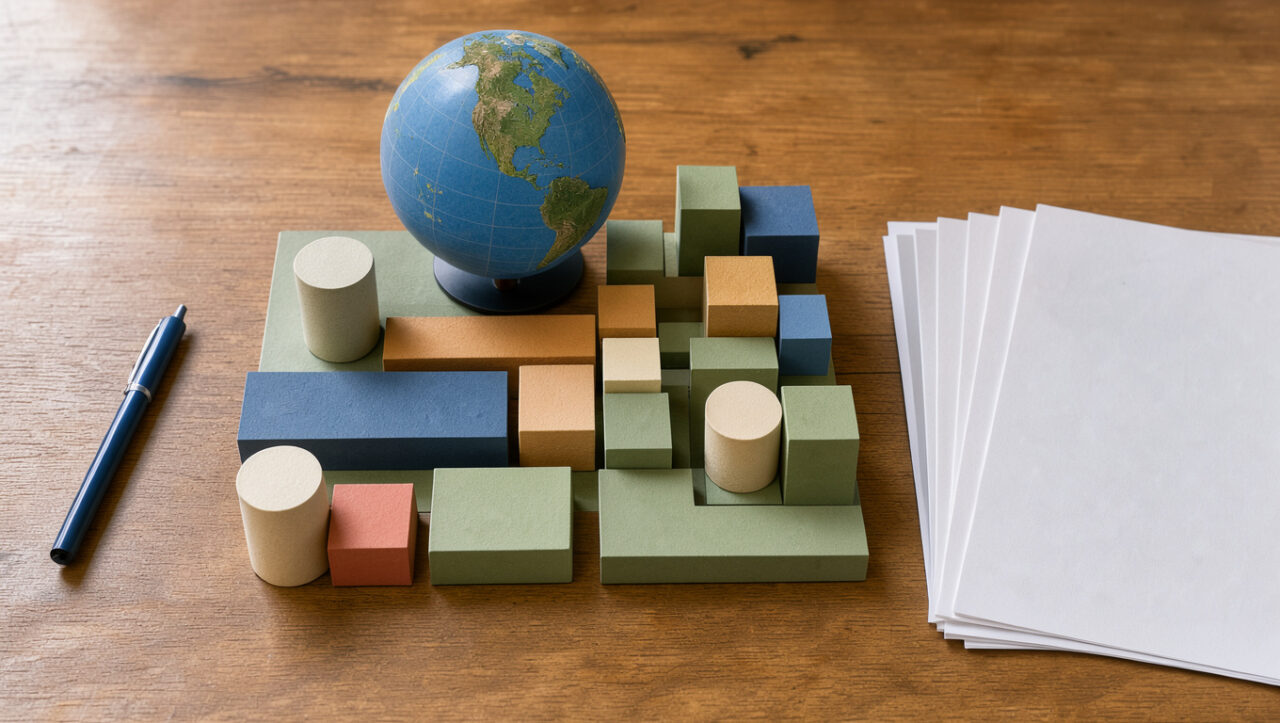 Composition réaliste représentant un portefeuille d’investissement mondial diversifié avec un globe et des éléments géométriques colorés disposés sur un bureau.