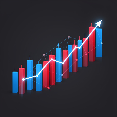 Illustration abstraite d’un indice boursier russe avec des barres financières bleues et rouges, des connexions géométriques et une ligne lumineuse ascendante sur fond sombre.