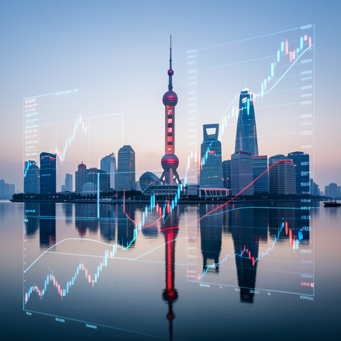 Vue réaliste de la skyline de Shanghai avec des visualisations abstraites évoquant la composition et le fonctionnement d’un indice boursier chinois.