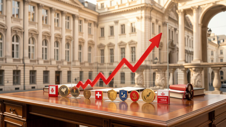 Scène financière élégante évoquant la Bourse de Vienne, avec une architecture viennoise et une visualisation abstraite de marché sur un bureau.