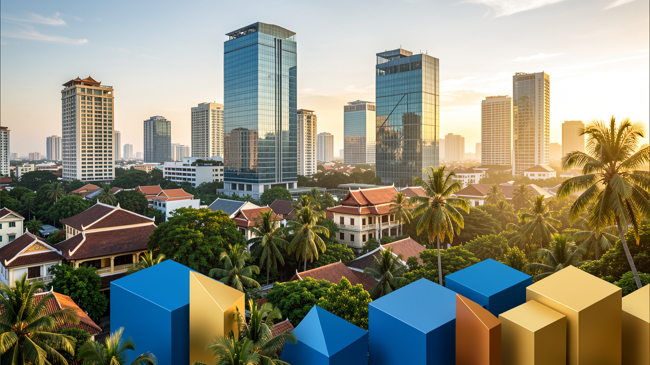 Vue réaliste d’une métropole vietnamienne moderne au lever du soleil, entourée de végétation tropicale et évoquant la diversification d’un investissement.