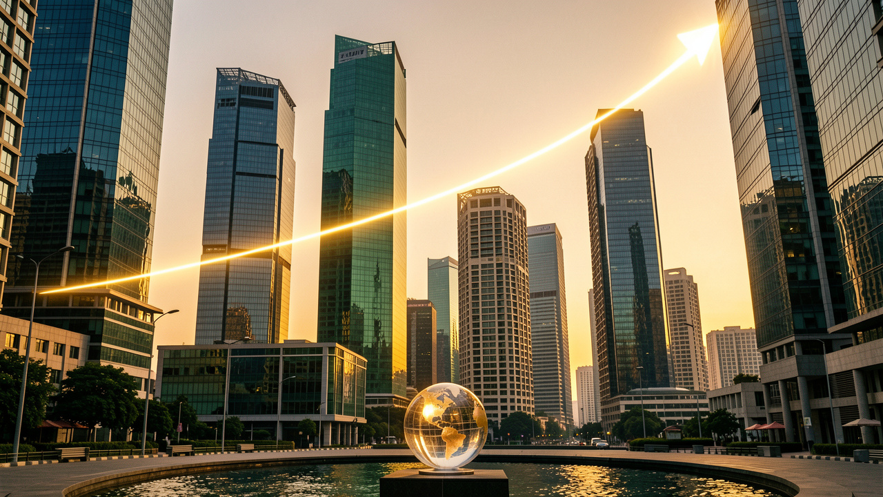 Quartier financier moderne en Inde au lever du soleil, avec une ligne lumineuse ascendante symbolisant la croissance et la diversification des investissements.