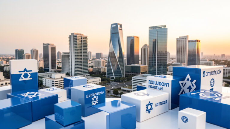 Composition réaliste évoquant un investissement diversifié dans les grandes entreprises israéliennes, avec des blocs financiers bleus et blancs devant une skyline moderne de Tel-Aviv.