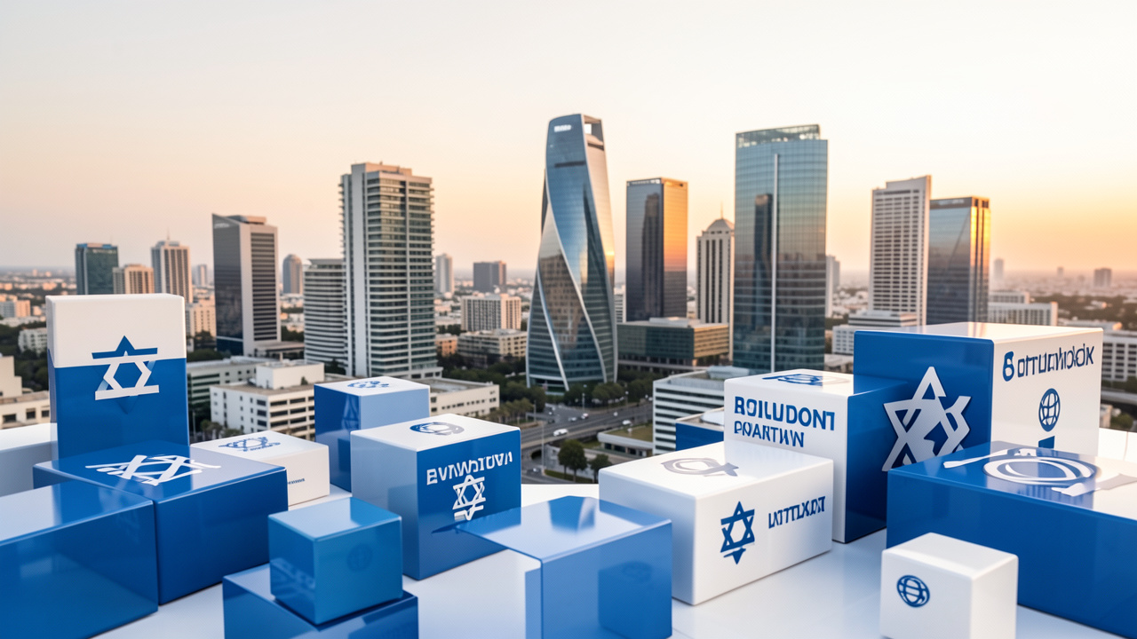 Composition réaliste évoquant un investissement diversifié dans les grandes entreprises israéliennes, avec des blocs financiers bleus et blancs devant une skyline moderne de Tel-Aviv.