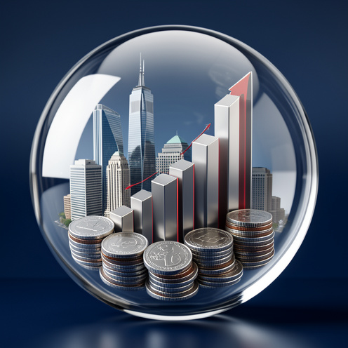 Concept visuel d’un investissement indiciel dans le secteur financier américain, avec une sphère en verre contenant une architecture financière moderne et des éléments géométriques ascendants.