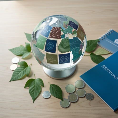 Composition représentant un portefeuille d’investissement diversifié à l’échelle mondiale autour d’un globe, avec des éléments financiers abstraits et une palette bleue et verte.