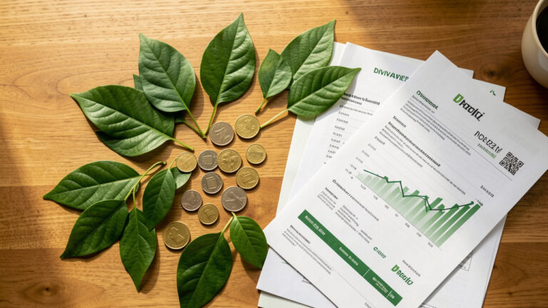 Composition réaliste représentant un portefeuille de revenus diversifié avec des feuilles vertes, des pièces métalliques et des documents financiers vierges sur un bureau en bois.