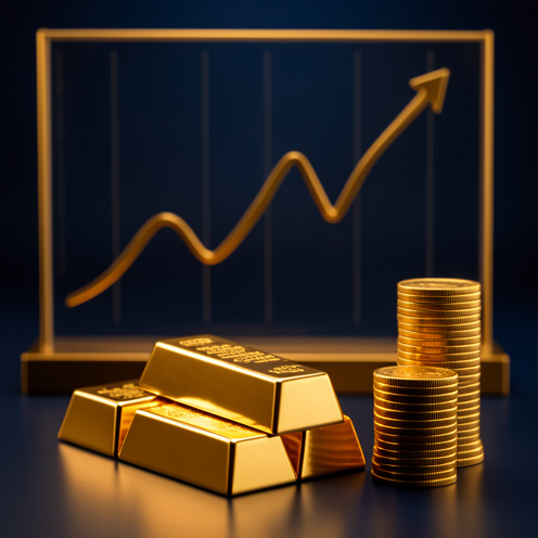 Lingots et pièces d’or devant un affichage financier abstrait aux courbes dorées ascendantes.